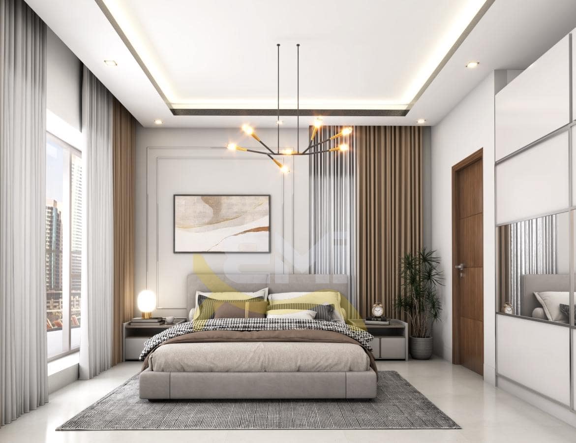 3D model of luxury bedroom interior in Dubai Marina apartment